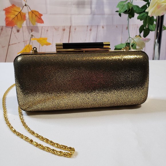 Kate Landry Gold & Black Barrel Evening Mini Bag Chain Crossbody Purse Clutch - Picture 1 of 11